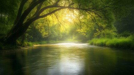 70. A serene river with gently flowing water, overhanging trees, and a peaceful atmosphere