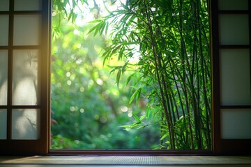 Naklejka premium A window in a tranquil meditation room, with bamboo plants outside swaying gently in the breeze. 