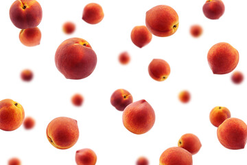 Falling Peach isolated on white background, selective focus