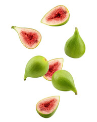 Falling green Fig isolated on white background, full depth of field