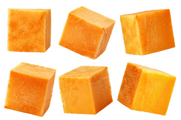 Sweet Potato cube, isolated on white background, full depth of field