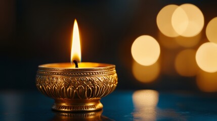 closeup of an intricately decorated golden diya for Diwali, elegant design, warm and inviting glow 