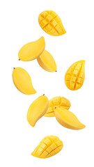 Falling yellow mango isolated on white background, full depth of field