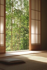 A window in a tranquil meditation room, with bamboo plants outside swaying gently in the breeze. 