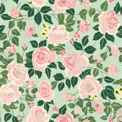 Seamless Garden Roses in Pastel pink and light mint pastel color. Perfect for wallpapers, fabric prints etc