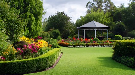 74. A classic garden scene with neatly trimmed hedges, colorful flower beds, and a charming gazebo