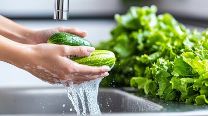 Closeup of hands washing fresh produce under running water, disinfecting in a stainless steel sink, bright and clean kitchen background 