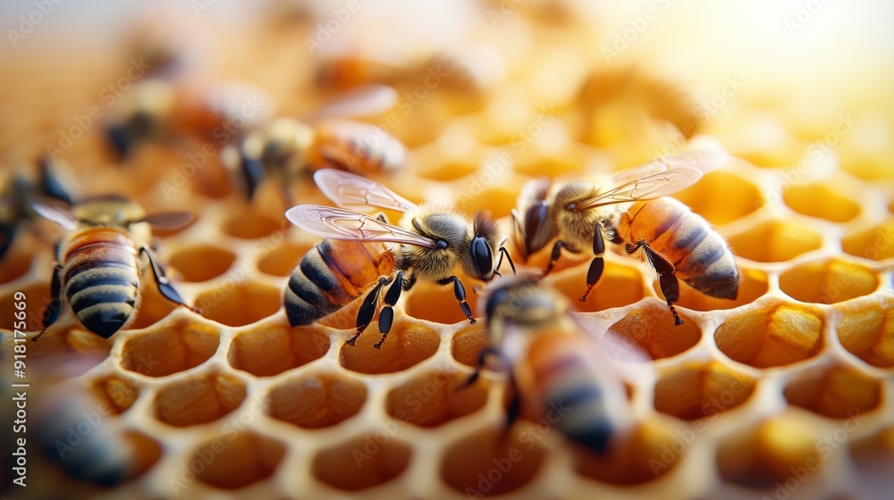 Aufkleber closeup of worker bees building and maintaining the honeycomb, detailed view of hexagonal cells fill