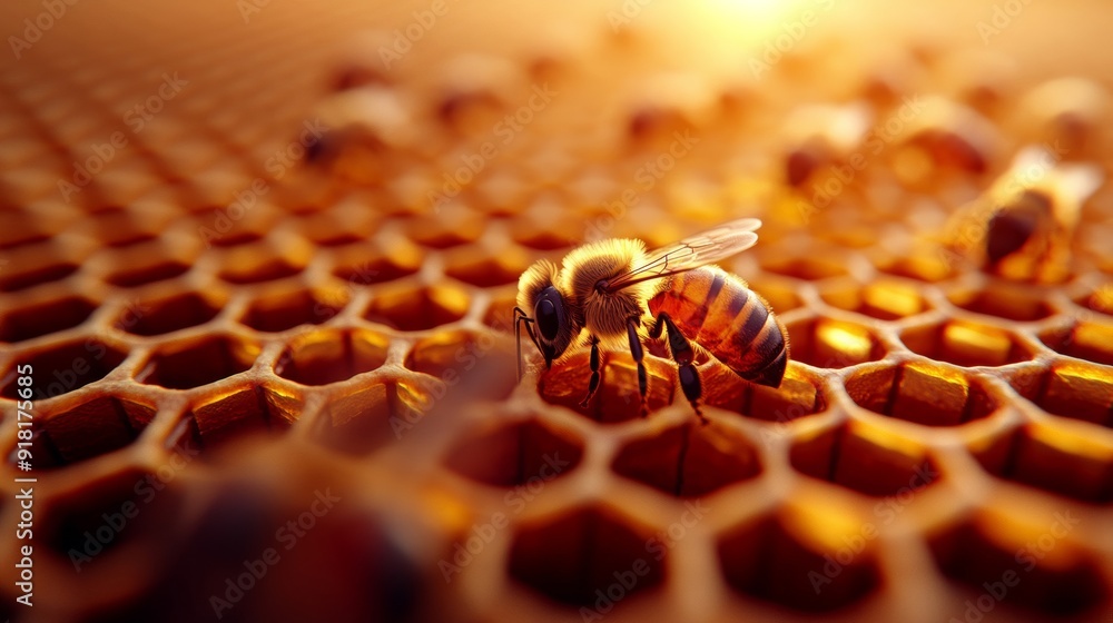 Poster closeup of worker bees building and maintaining the honeycomb, detailed view of hexagonal cells fill