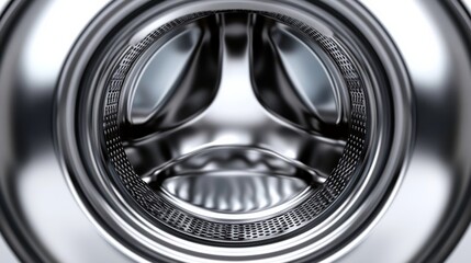 Closeup of the inside of a washing machine drum, with a focus on the stainless steel texture and water flow, isolated on a white background 