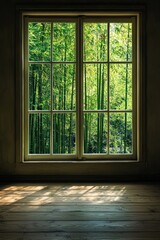 Fototapeta premium A window in a tranquil meditation room, with bamboo plants outside swaying gently in the breeze. 