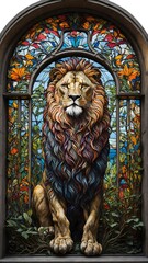  big lion in the stained glass window in church