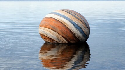 A large, striped spherical object resting serenely on a calm body of water - AI Generated Digital Art