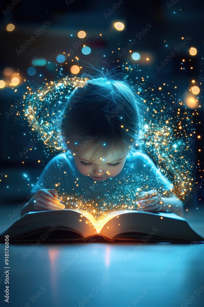 Poster a child reading a book with a glowing aurora in the background