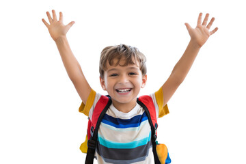 A happy young boy with a backpack smiles and waves his arms while standing isolated on white or transparent background