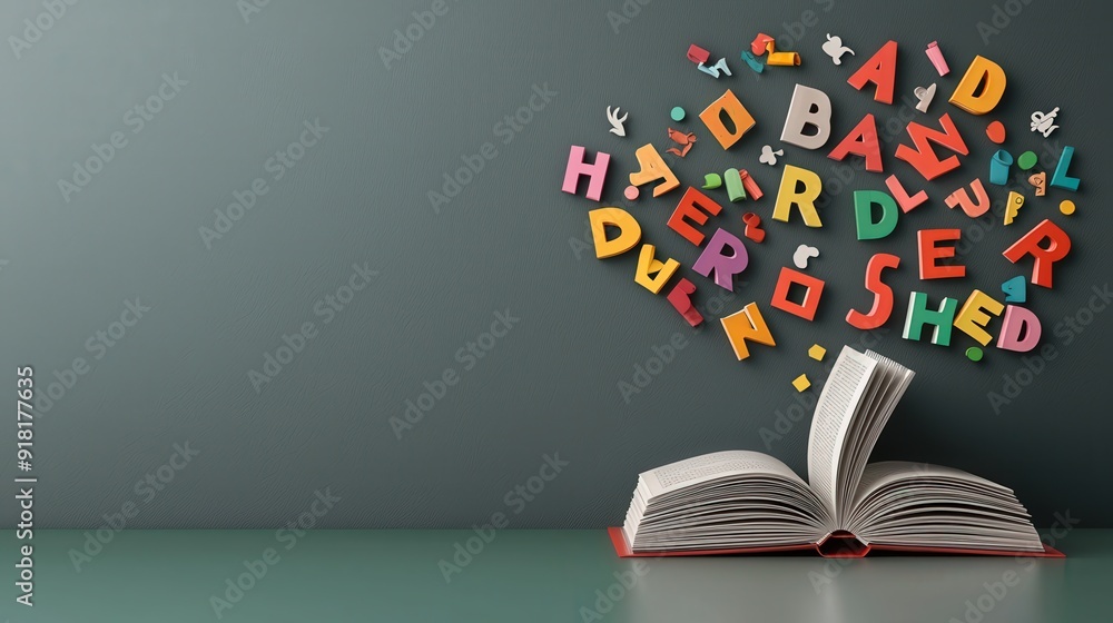 Poster a chalkboard with colorful letters and an open book in front