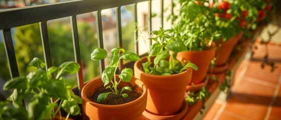 Urban Balcony Garden with Potted Vegetables and Herbs. Generative ai.