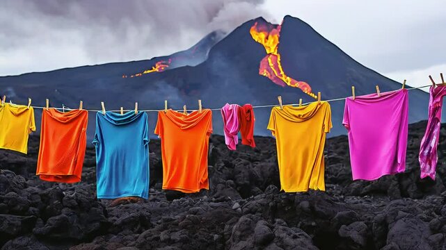 Colorful shirts hanging on a clothesline with a volcano erupting in the background.