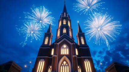 Fototapeta premium Fireworks above a beautifully lit church on Christmas Eve, stained glass windows glowing, congregation gathered outside, spiritual and festive, wide angle 
