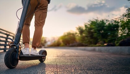 Obraz premium Riding an electric scooter on bike paths and trails.