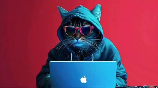Cool cat in sunglasses uses a laptop.