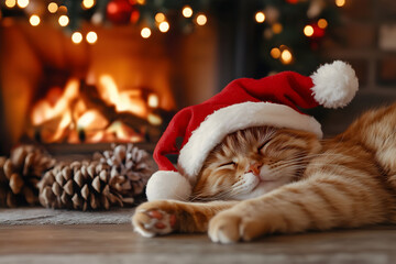 Obraz premium A cat wearing a Christmas hat lying by the fireplace.