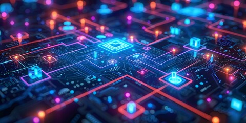 Obraz premium Technology Smart home with connected devices and digital icons Glowing house with symbolism 