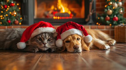 A cat and a dog wearing Christmas hats lying by the fireplace