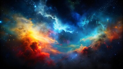 Fototapeta premium Colorful grunge grainy outer space nebula background gradient, blue, orange, red, and black noise texture backdrop design. Vibrant cosmic backdrop featuring a colorful grunge nebula gradient