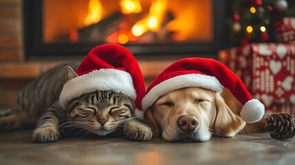 A cat and a dog wearing Christmas hats lying by the fireplace - Powered by Adobe