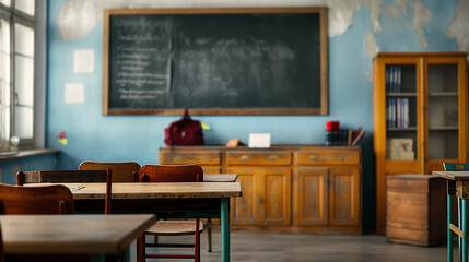 This image shows an empty classroom with wooden desks and chairs. There is a chalkboard on the wall, a cabinet with books, and a large window. The room is full of natural light - Generative AI