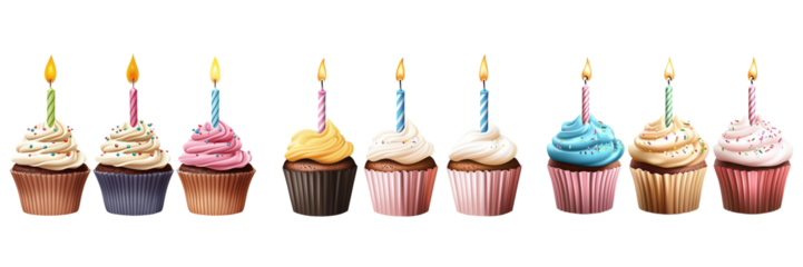 Set of birthday cupcakes isolated on transparent background 