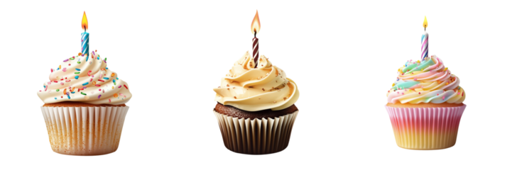 Set of birthday cupcakes isolated on transparent background 