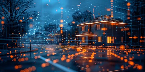 Fototapeta premium Technology Smart home with connected devices and digital icons Glowing house with symbolism 