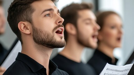 Fototapeta premium Group of church singers rehearsing with a piano in a bright room, sheet music and casual attire, focused expressions, medium shot 
