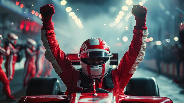 Formula 1 Driver Celebrates Victory With Raised Arms at Night Race
