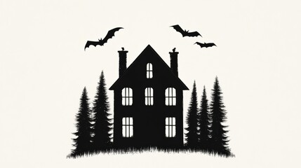 Haunted house with creepy silhouettes in the windows, dark forest surrounding, bats flying in the night sky 