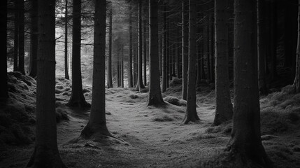 Naklejka premium black and white forest landscape, monochrome picture of forest background