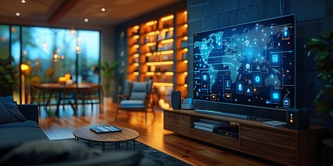 Technology Smart home with connected devices and digital icons Glowing house with symbolism	