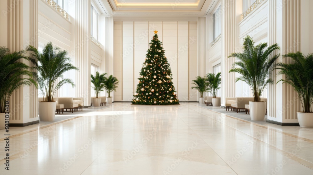 Sticker hotel lobby with a grand Christmas tree decorated with tropical flowers and elegant ornaments, festive and exotic ambiance 