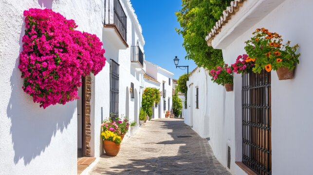 Fototapeta Historic Spanish architecture, narrow streets with white-washed buildings and wrought iron balconies, vibrant flowers, sunny day 