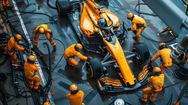 High-Angle View of Formula One Pit Stop Team Working on Race Car