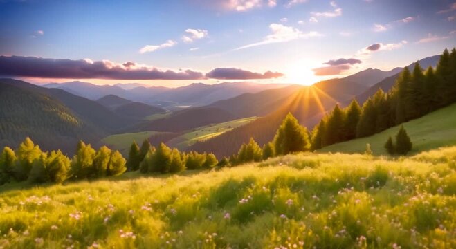 Beautiful natural scenery in the mountains with meadows at sunrise Seamless looping time lapse video animation background 4k animation