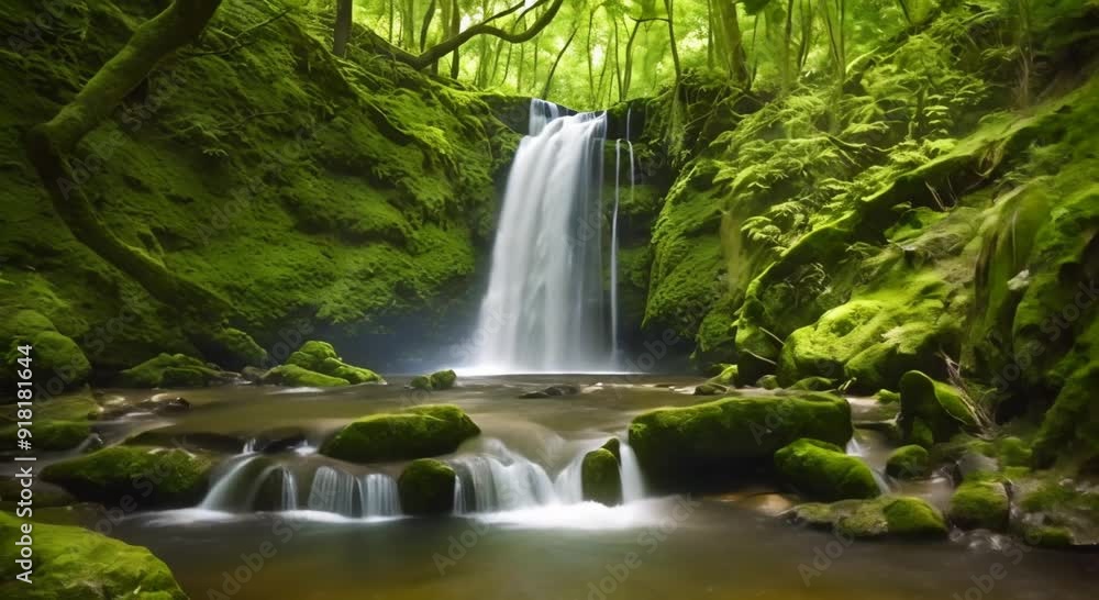 Poster beauty of a waterfall in the forest surrounded by clear streams in springtime seamless looping time 