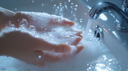 Fototapeta premium Bright, clean bathroom sink, hands cupping water and soap suds, chrome faucet, water droplets, hygiene, soft lighting, close-up shot, smooth surfaces, crystal clear water flow.