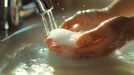 Fototapeta premium Bright, clean bathroom sink, hands cupping water and soap suds, chrome faucet, water droplets, hygiene, soft lighting, close-up shot, smooth surfaces, crystal clear water flow.