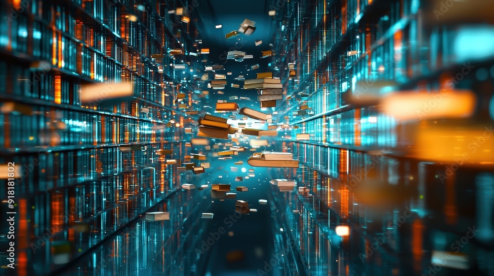 Poster a digital library with books floating in a virtual space