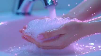 Fototapeta premium Bright, clean bathroom sink, hands cupping water and soap suds, chrome faucet, water droplets, hygiene, soft lighting, close-up shot, smooth surfaces, crystal clear water flow.