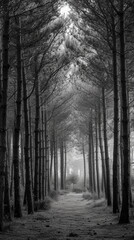 Obraz premium black and white forest landscape, monochrome picture of forest background