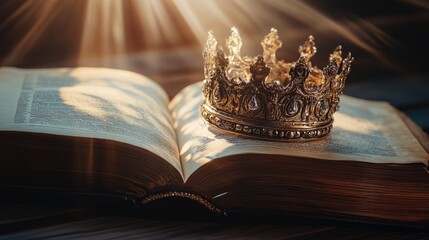 A king's crown resting on an opened vintage book, with light falling on the crown, suggesting power and intellect.